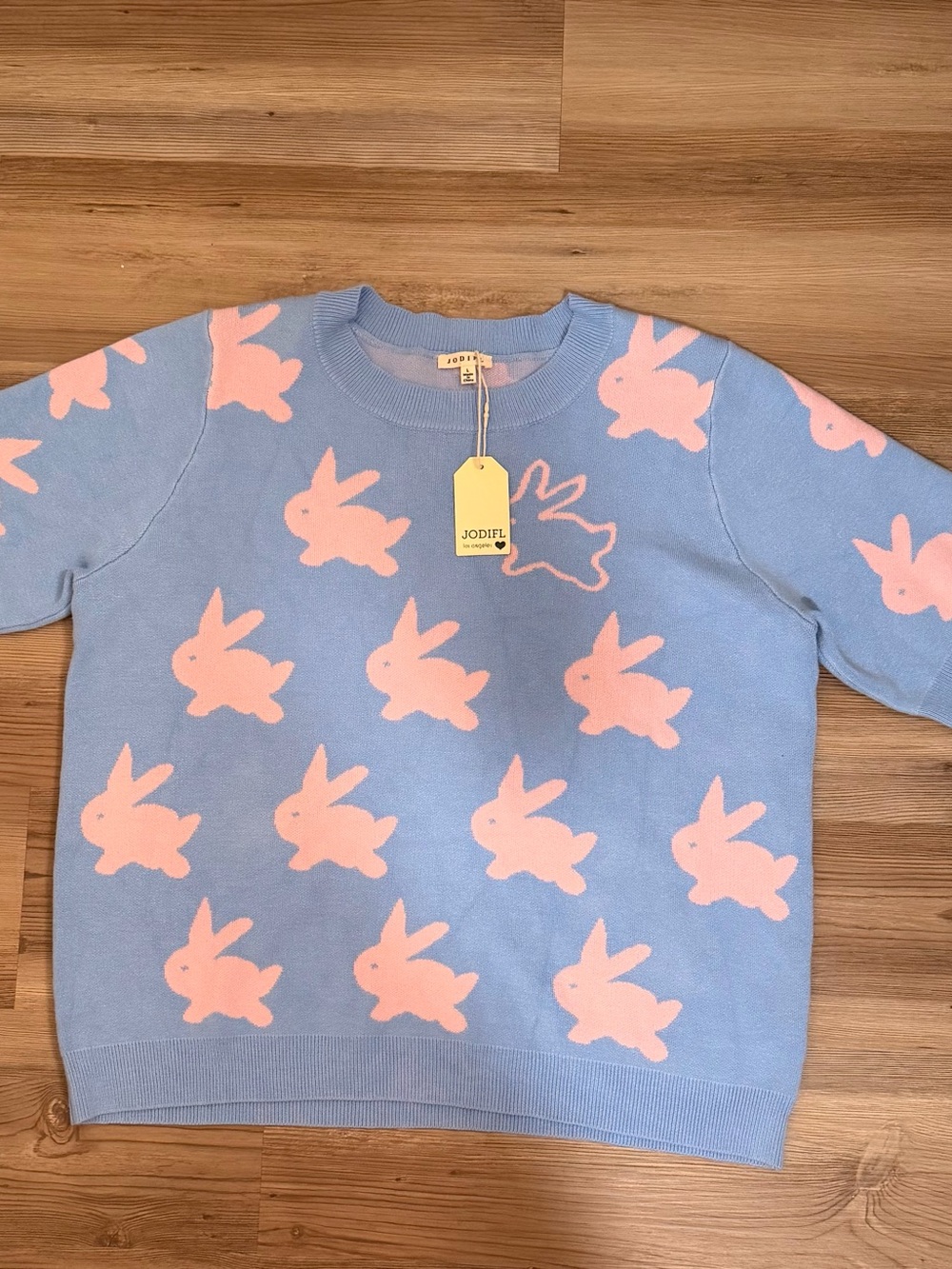 Blue Knit Top with Pink Bunny Motif